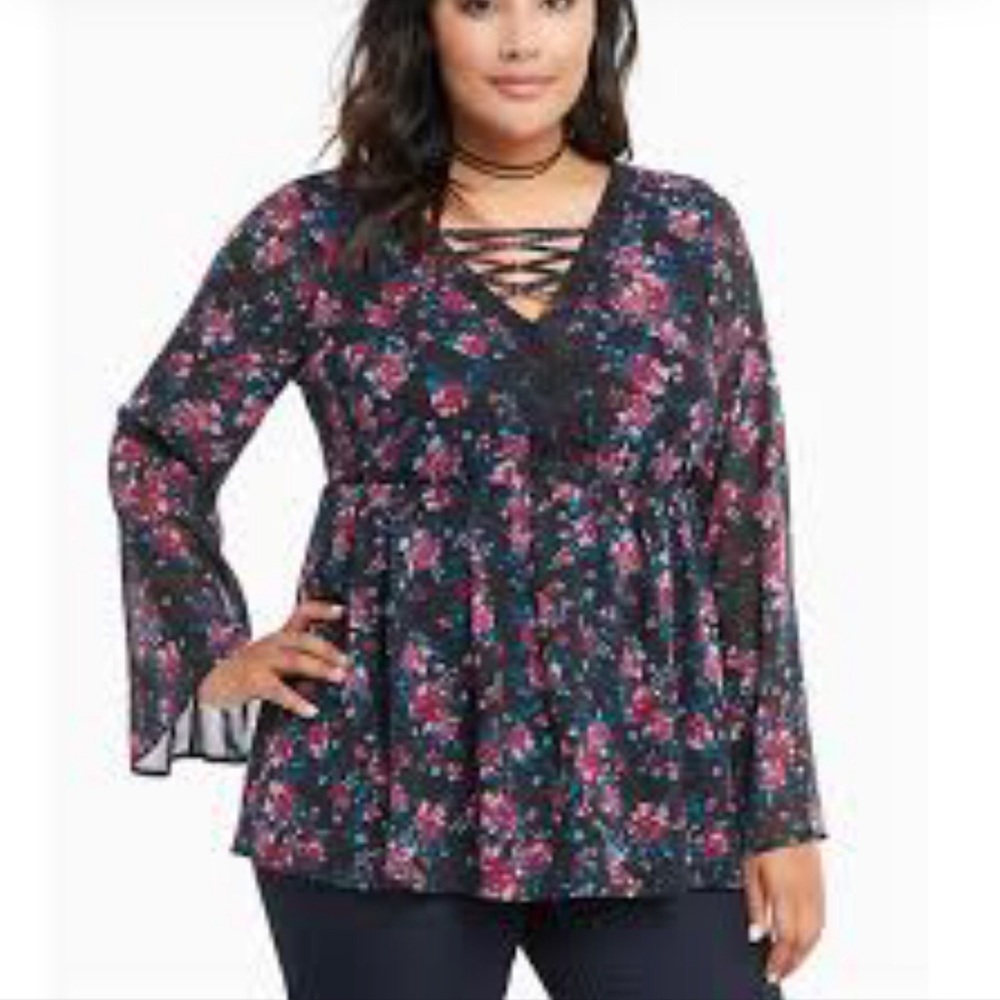 Torrid Tops Torrid Floral‎ Chiffon Lace Up Top plus size 00